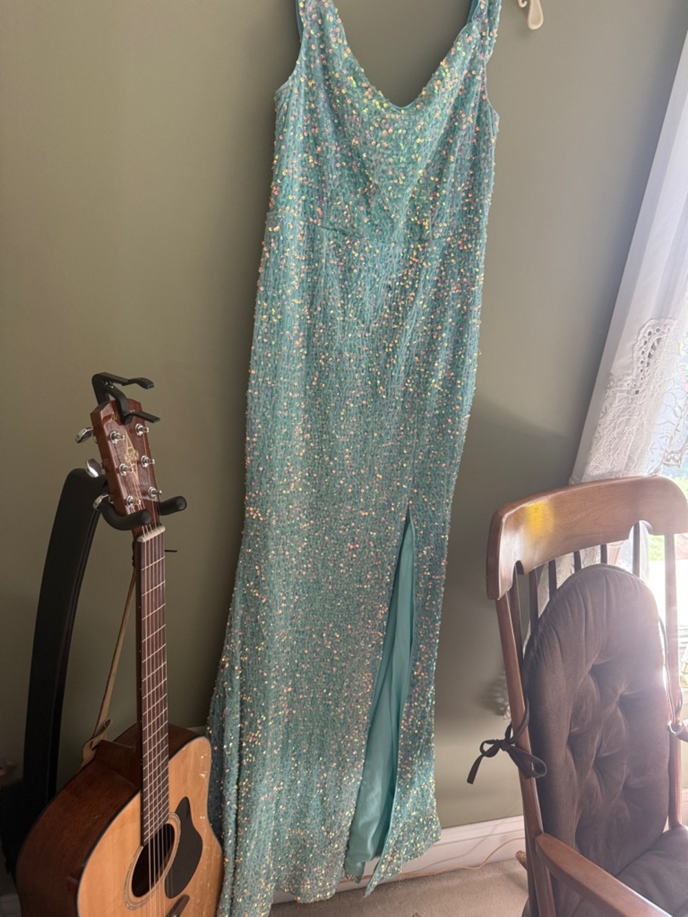 Sequin Embellished Aqua Green Evening Dress